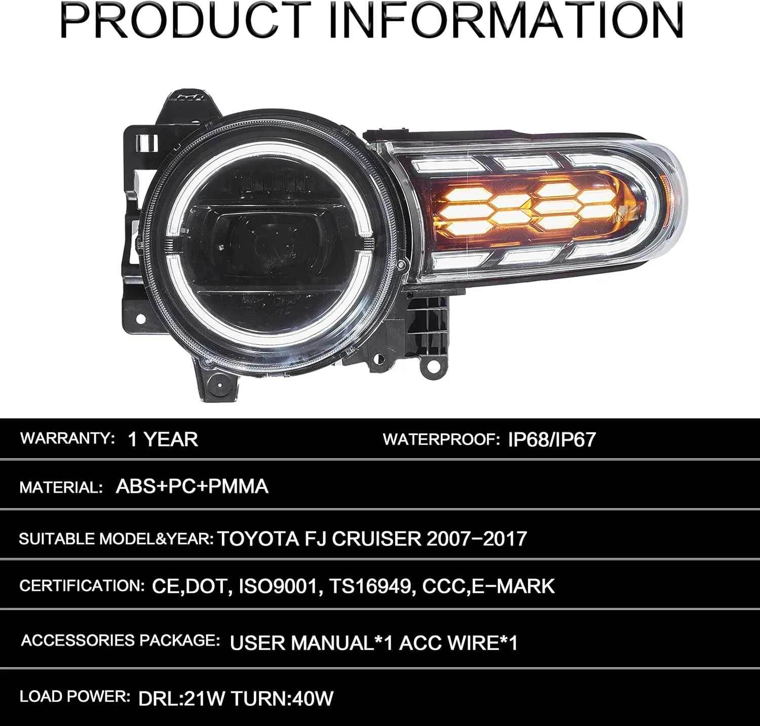VLAND LED Headlights Assembly Compatible with Toyota FJ Cruiser 2007-2017,LED Front Light with Sequential Turn Signal, Projector Headlamp