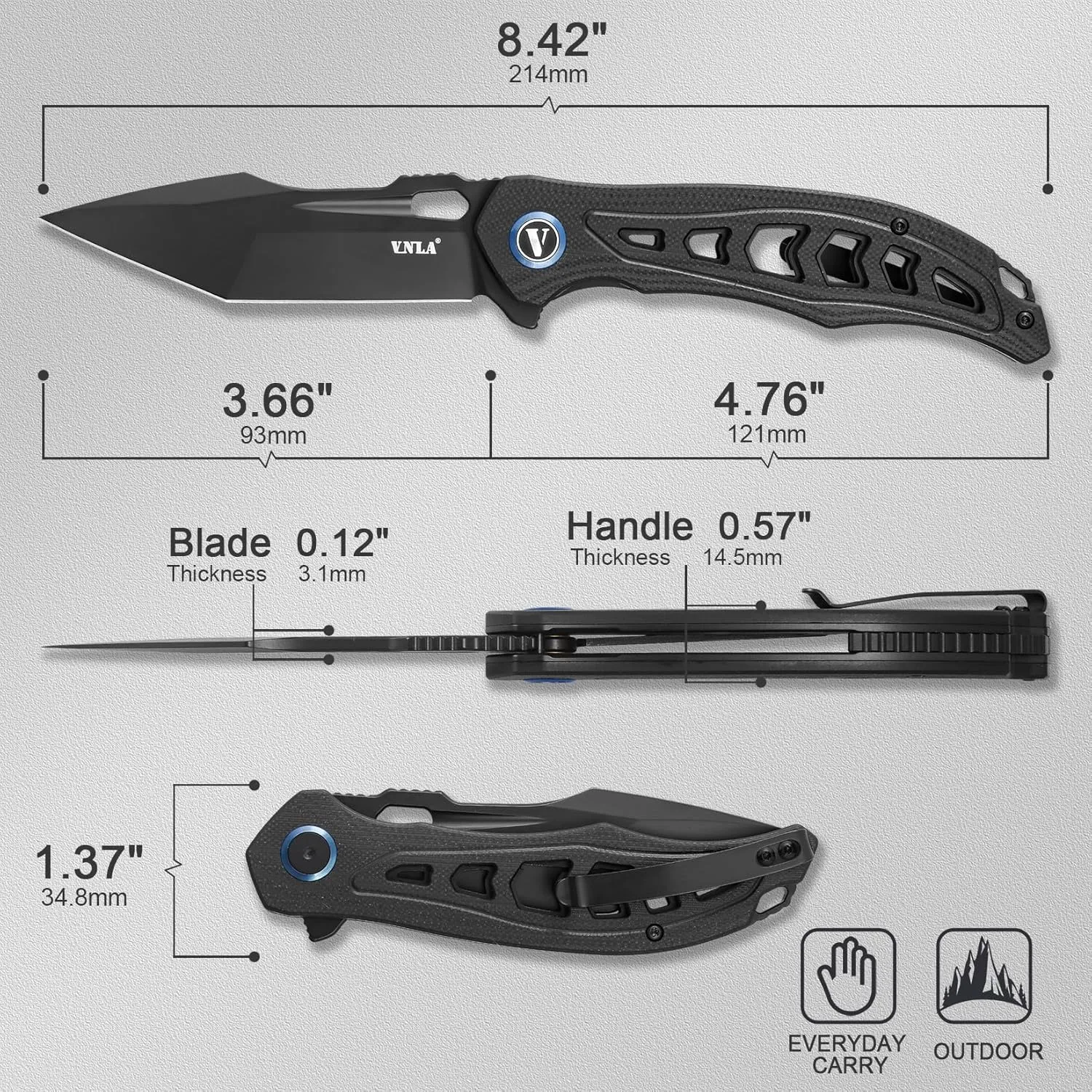 VNLA Folding Pocket Knife, Sandvik 14C28N Steel Tanto Point Blade,G10 Handle,with Clip,EDC Knife, Gifts Pocket Knife for Men Women. (Black PVD surface)