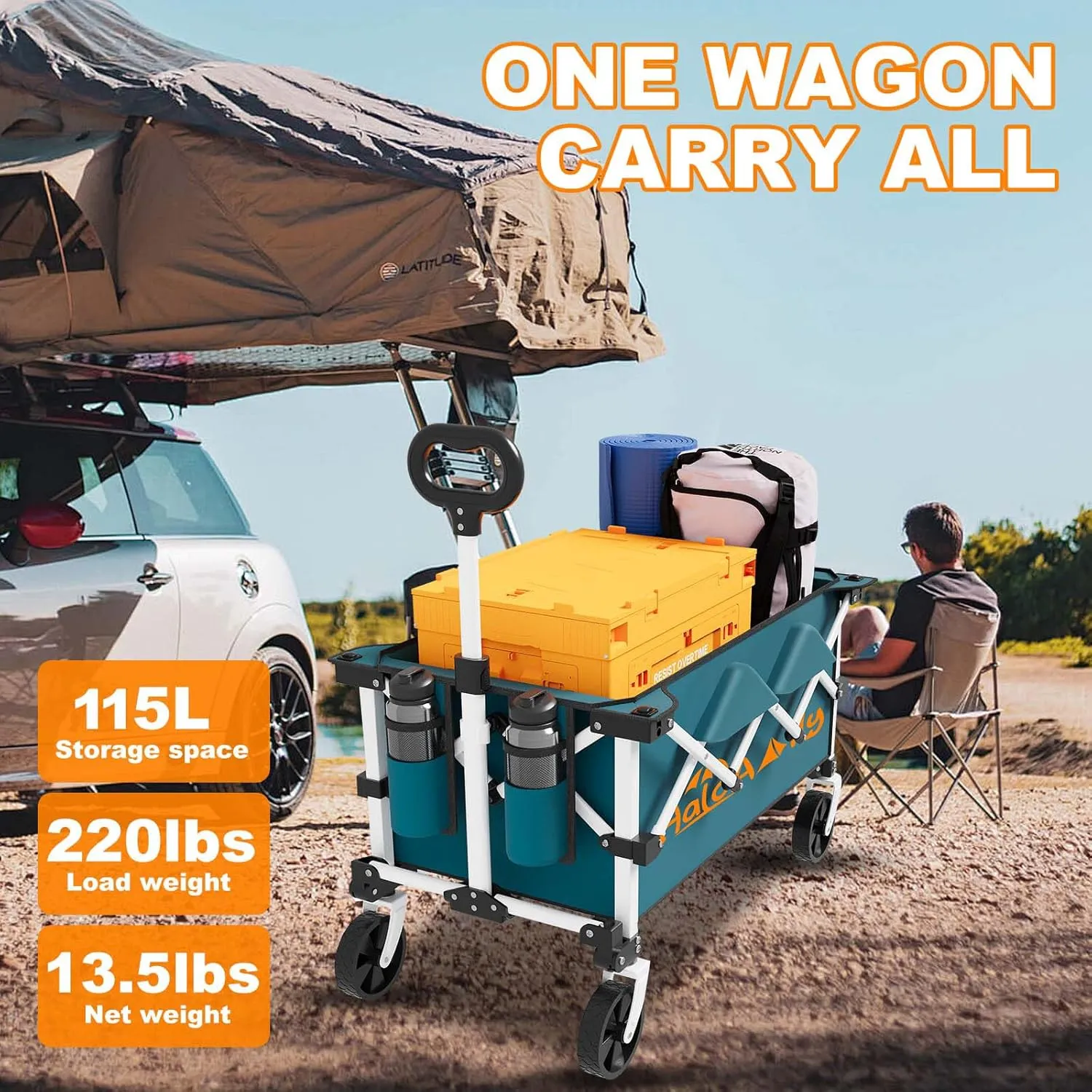 Wagons Carts Foldable, Grocery Cart on Wheels, Collapsible Wagon, Shopping Cart for Groceries, Foldable Wagon with Wheels, Heavy Duty-Blue