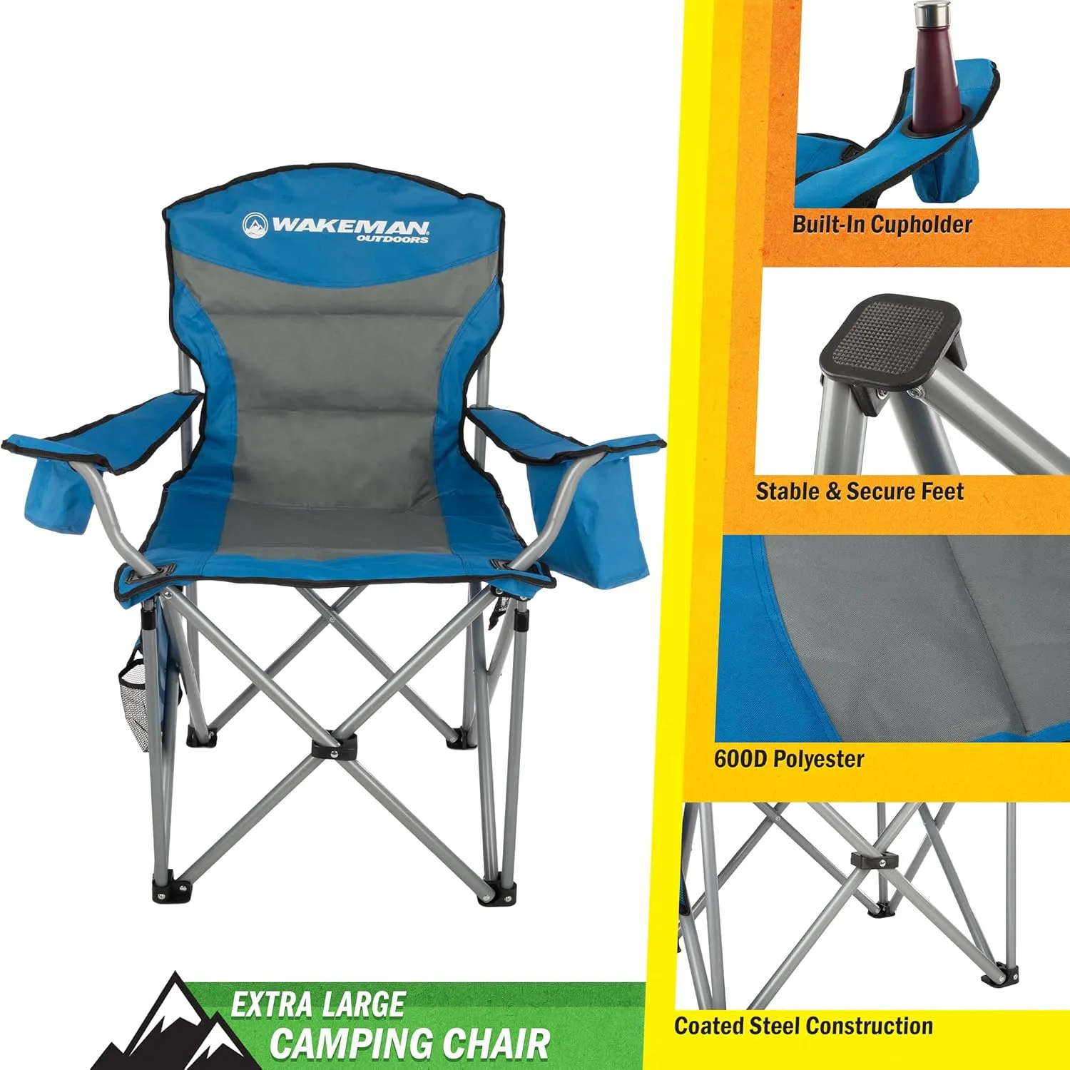 Wakeman Outdoors Oversized Camping Chair 300lbs - Heavy Duty Folding Chair with Cooler Pouch and Carry Bag for Camp Sites, Tailgates, or Beach (Blue)
