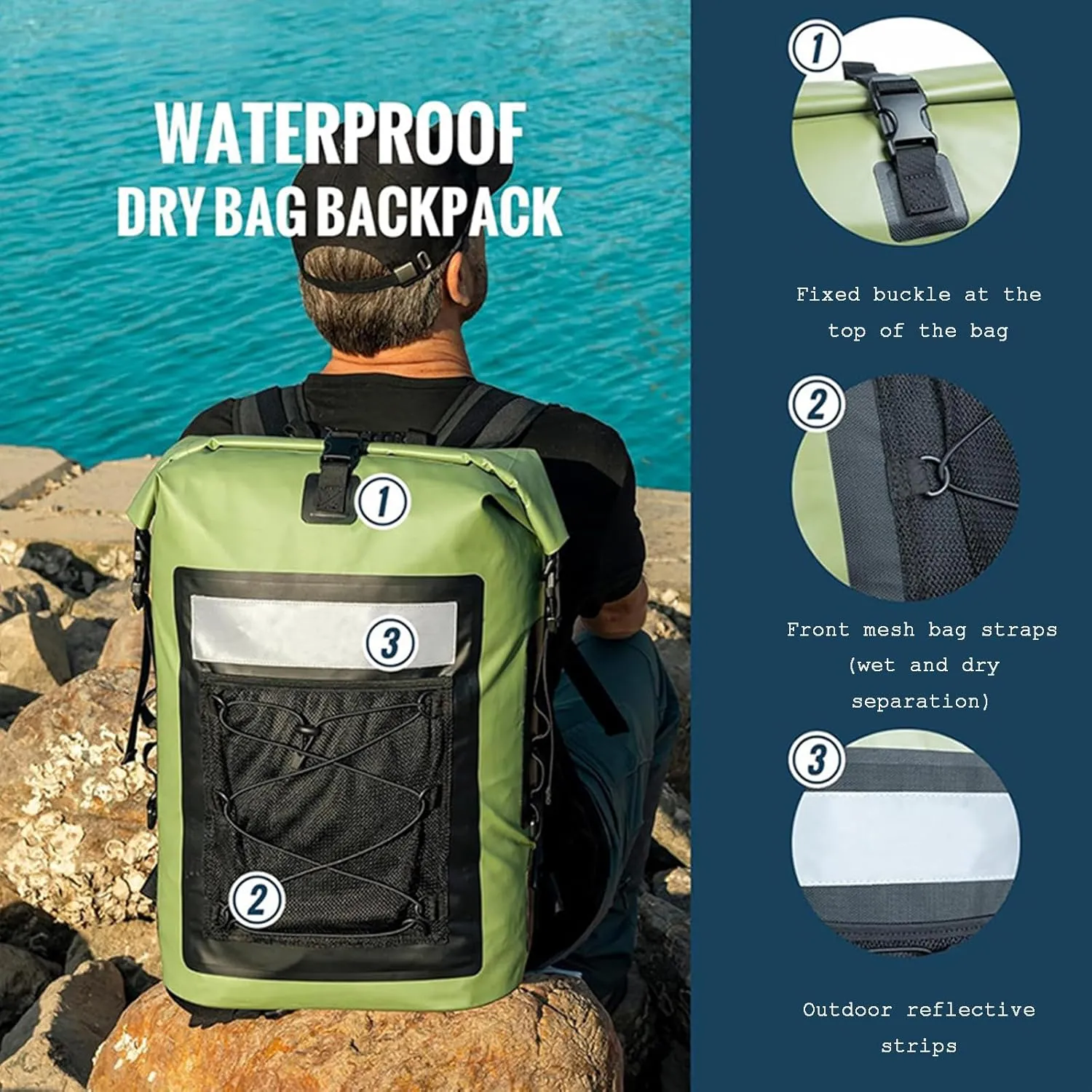 Waterproof Backpack 35 L PVC Lightweight Front Mesh Pocket Dry Bag for Kayaking, Travel, Hiking, Boating,Green
