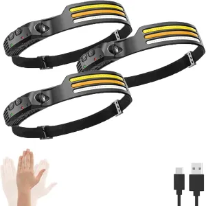 WavePro 230° Ultra-Light Motion-Sensing Headlamp, Wave Pro 230° Wide Beam Head Lamp with Motion Sensor, 2025 New Rechargeable Headlamp, Three Front-Facing LED Strips, 10Mode Headlamps (3pcs)