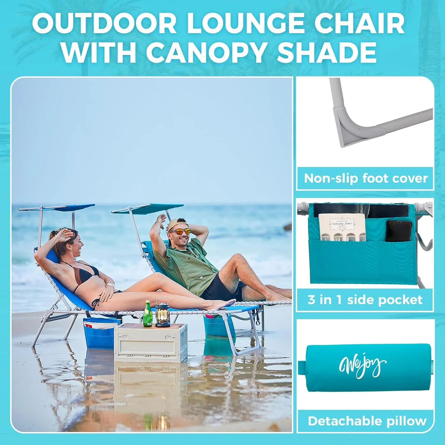#WEJOY Folding Tanning Chair with Canopy Shade, Portable Adjustable 5-Position Patio Chaise Lounge with Pillow & Storage Pocket for Lay Flat Outdoor Lawn Backyard Beach Camping Pool (Cyan)