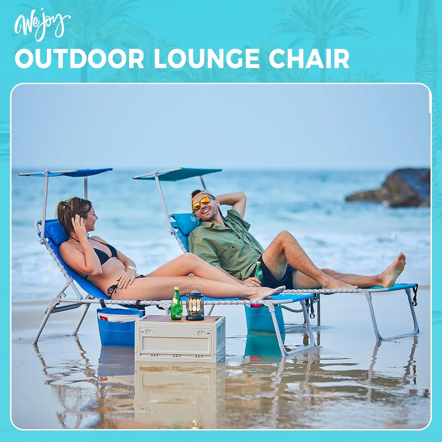 #WEJOY Folding Tanning Chair with Canopy Shade, Portable Adjustable 5-Position Patio Chaise Lounge with Pillow & Storage Pocket for Lay Flat Outdoor Lawn Backyard Beach Camping Pool (Cyan)