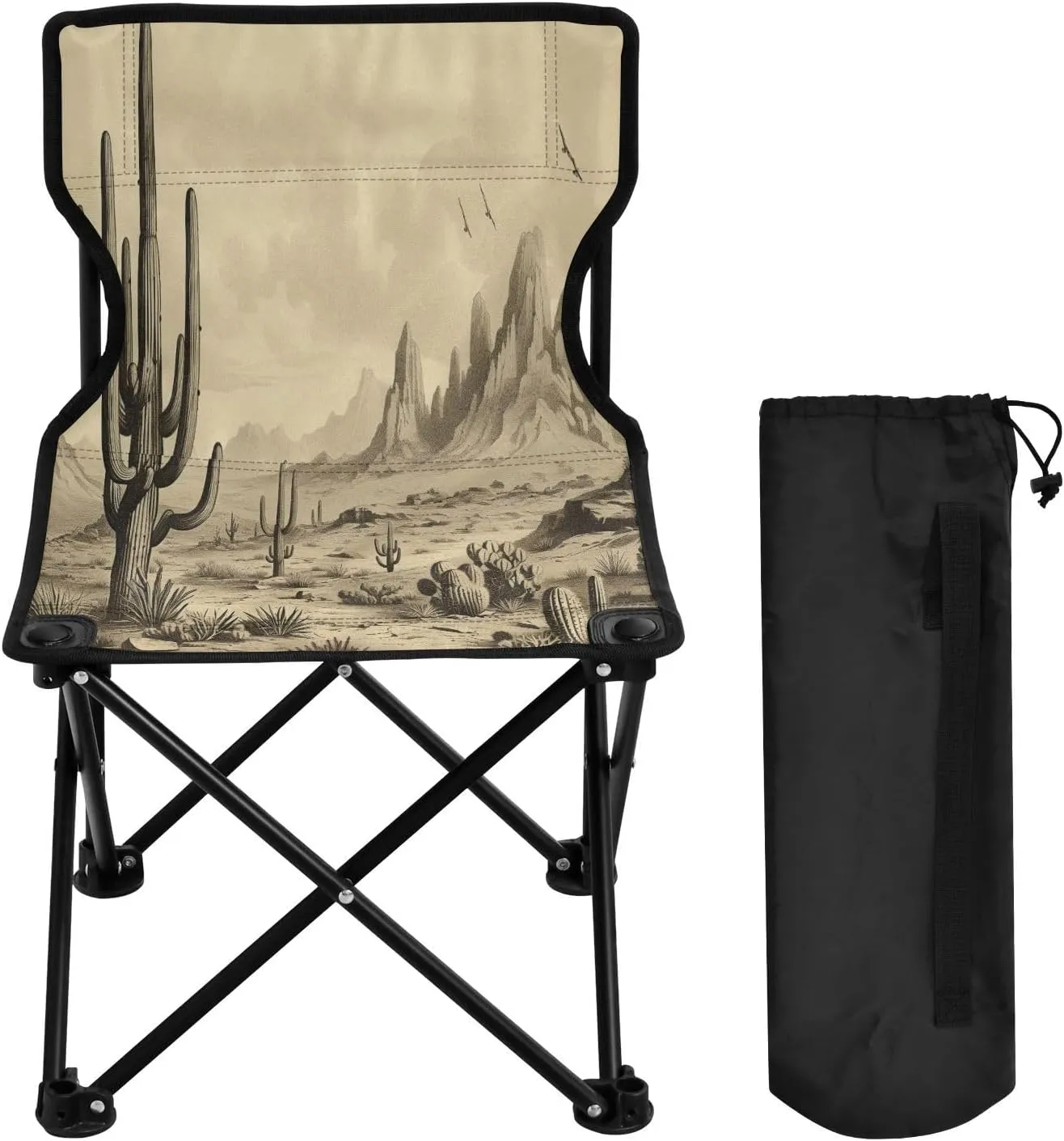 Western Desert Cactus Portable Outdoor Folding Chair Anti-Slip Padded Oxford Cloth Stool Camping Chair Small for Beach Hiking Fishing Gardening Quad Camp Chair