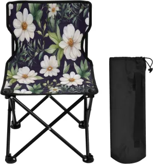 White Flower Portable Outdoor Folding Chair Anti-Slip Padded Oxford Cloth Stool Camping Chair Small for Beach Hiking Fishing Gardening Quad Camp Chair