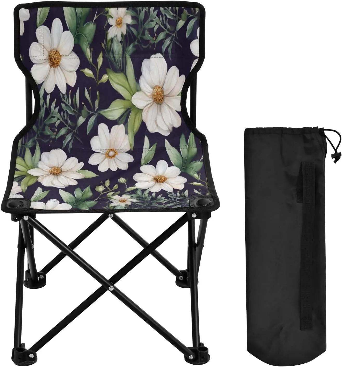 White Flower Portable Outdoor Folding Chair Anti-Slip Padded Oxford Cloth Stool Camping Chair Small for Beach Hiking Fishing Gardening Quad Camp Chair