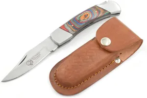 Wild Turkey Handmade Collection Everyday Carry Lock Back Manual Folding Knife w/Leather Sheath - Smooth One Hand Red Color Bone Handle Pocket Knife (Multi-Color Wood)