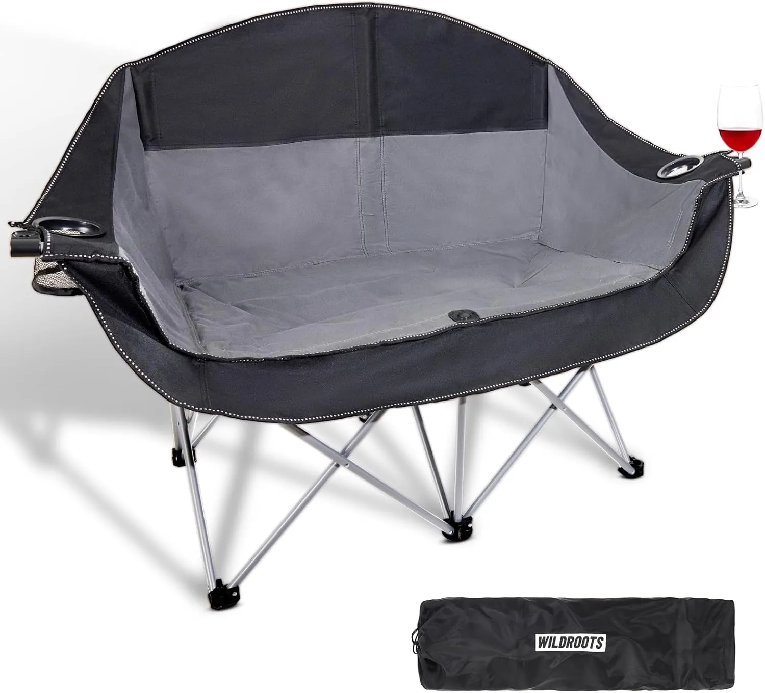 WILDROOTS Outdoor Folding Double Camping Chair Adults 2 Person,Heavy Duty 600 LBS Loveseat with 2 Cup Holder,Portable Carry Bag Included for Camping,Lawn,Backyard,Movie