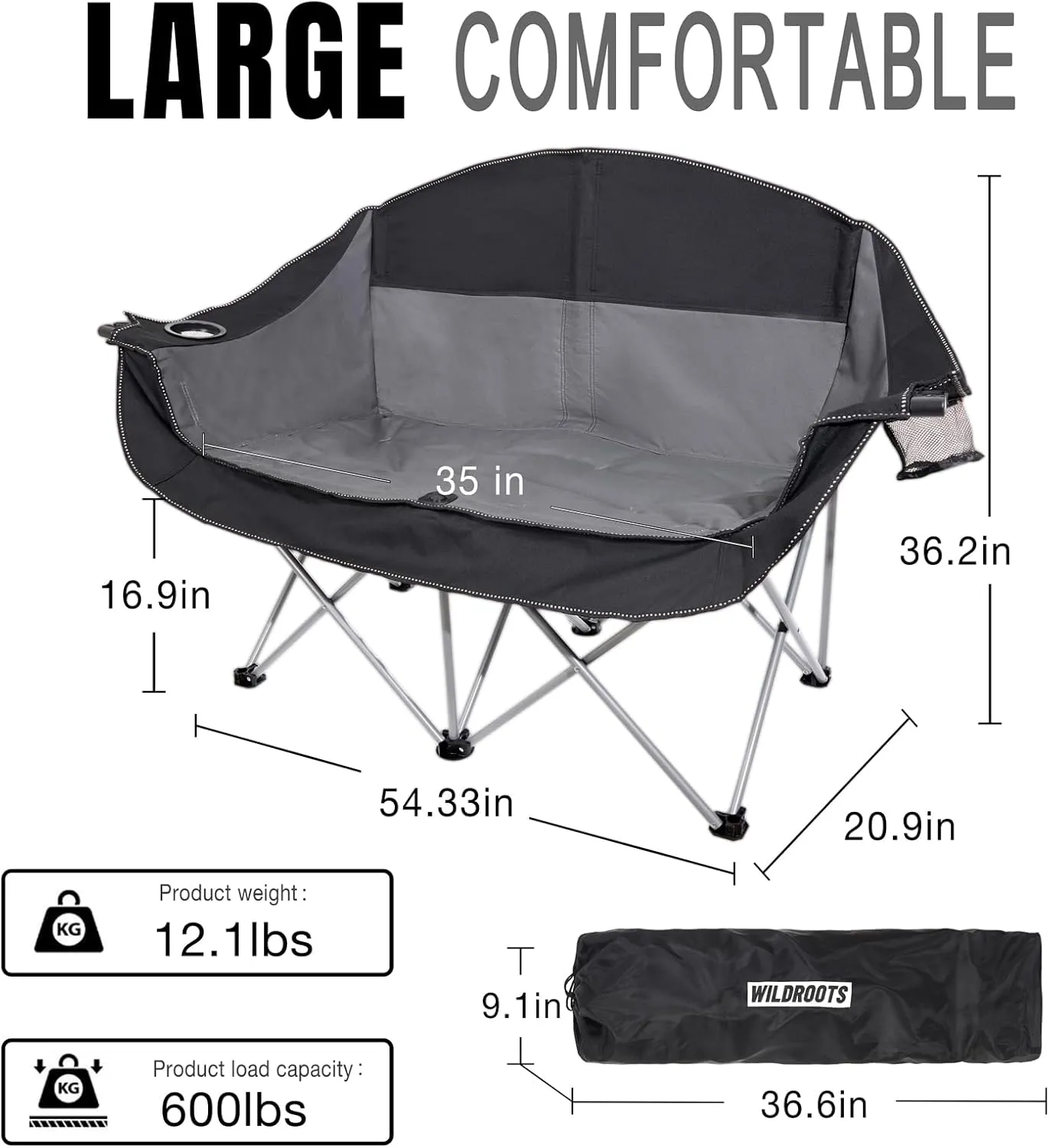 WILDROOTS Outdoor Folding Double Camping Chair Adults 2 Person,Heavy Duty 600 LBS Loveseat with 2 Cup Holder,Portable Carry Bag Included for Camping,Lawn,Backyard,Movie