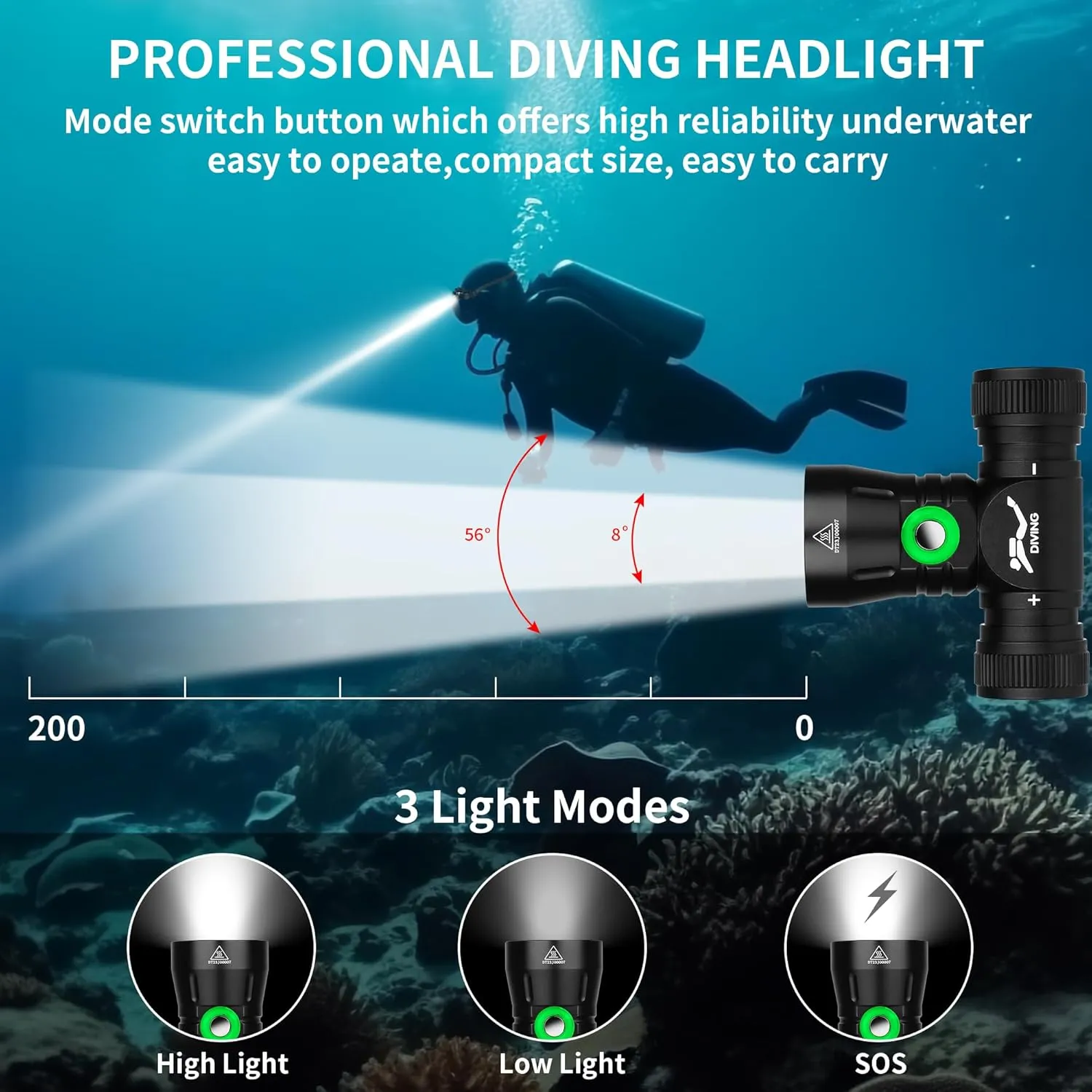 WINDFIRE Dive Light Diving Headlamp, IPX8 Waterproof Flashlight, Super Bight Underwater Lights, 3 Modes Dive Headlight with Power Indicator for Snorkeling, Diving