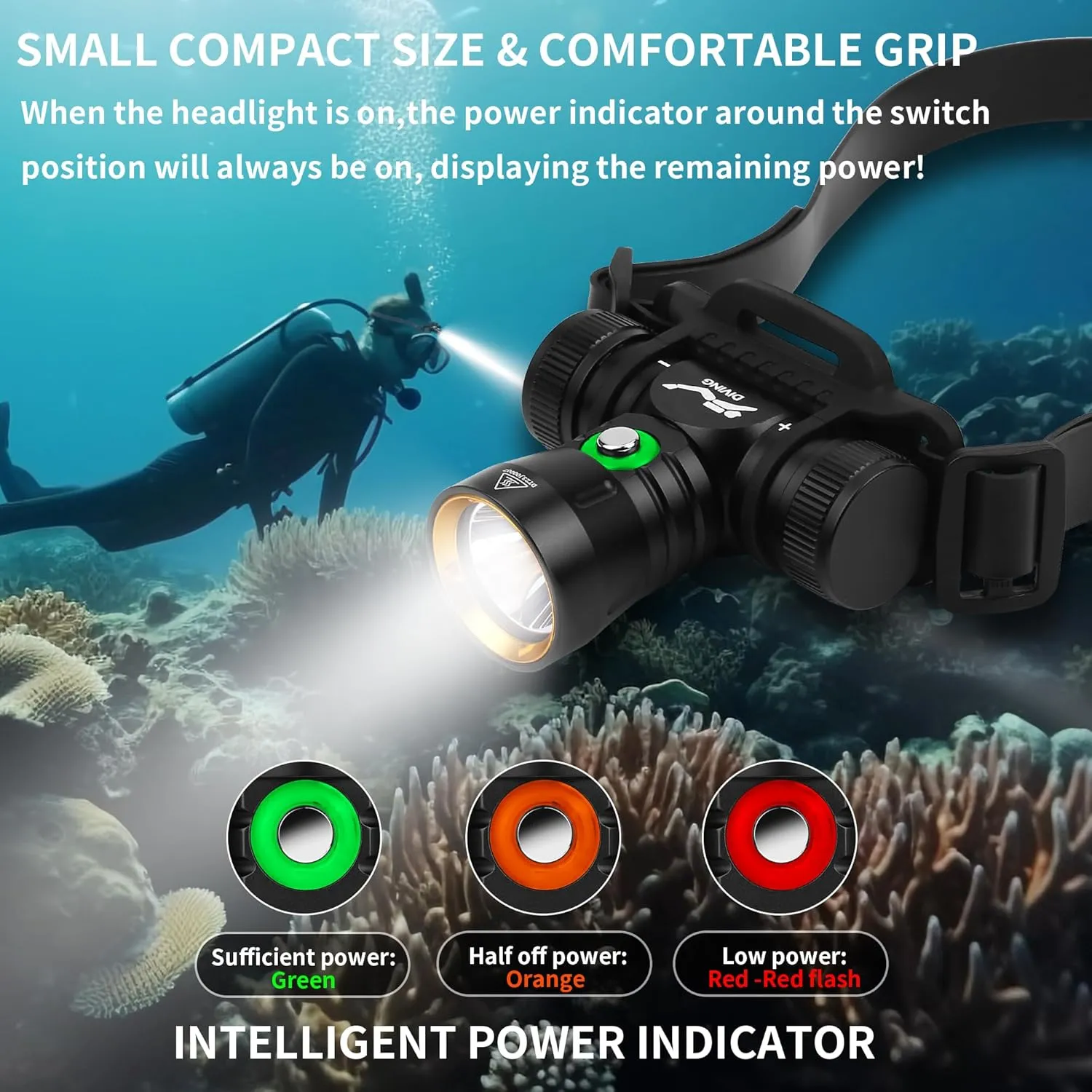 WINDFIRE Dive Light Diving Headlamp, IPX8 Waterproof Flashlight, Super Bight Underwater Lights, 3 Modes Dive Headlight with Power Indicator for Snorkeling, Diving