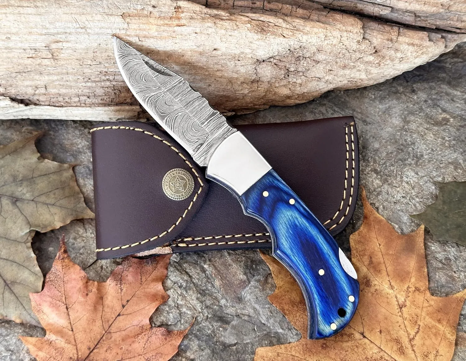 WINTERFELL Damascus Steel Pocket Folding Knife Handmade 6.5'' Compact Pocket Knife for Outdoor, Camping, Hiking Back Lock Blade Made of Authentic Damascus Steel (Blue)