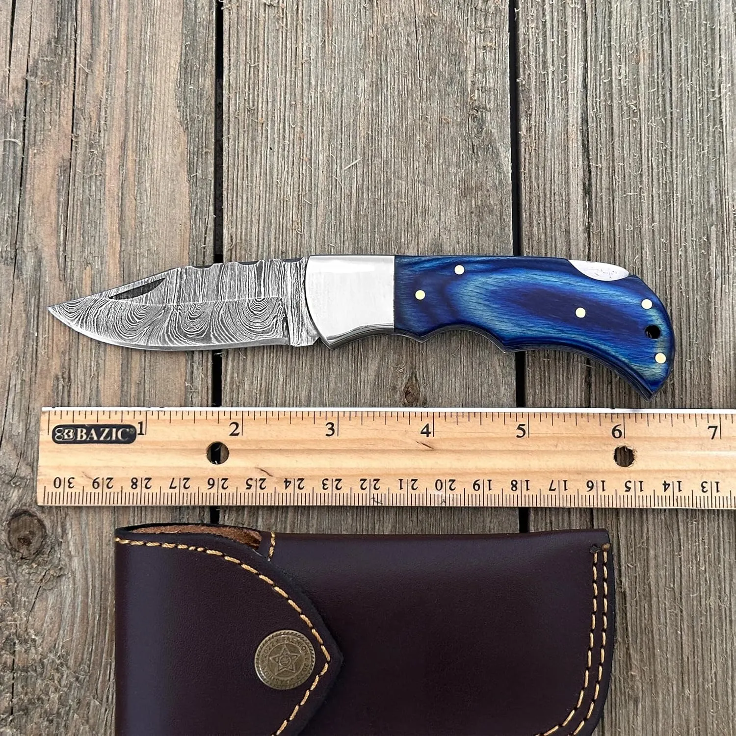 WINTERFELL Damascus Steel Pocket Folding Knife Handmade 6.5'' Compact Pocket Knife for Outdoor, Camping, Hiking Back Lock Blade Made of Authentic Damascus Steel (Blue)