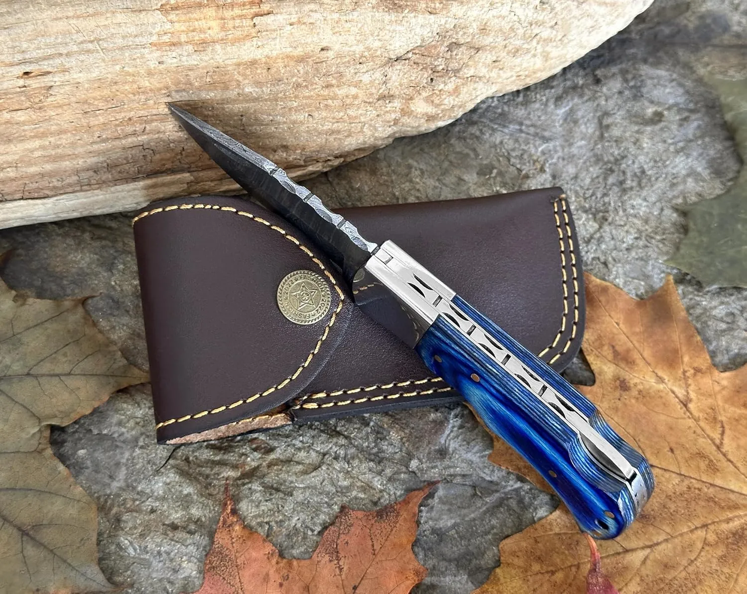 WINTERFELL Damascus Steel Pocket Folding Knife Handmade 6.5'' Compact Pocket Knife for Outdoor, Camping, Hiking Back Lock Blade Made of Authentic Damascus Steel (Blue)