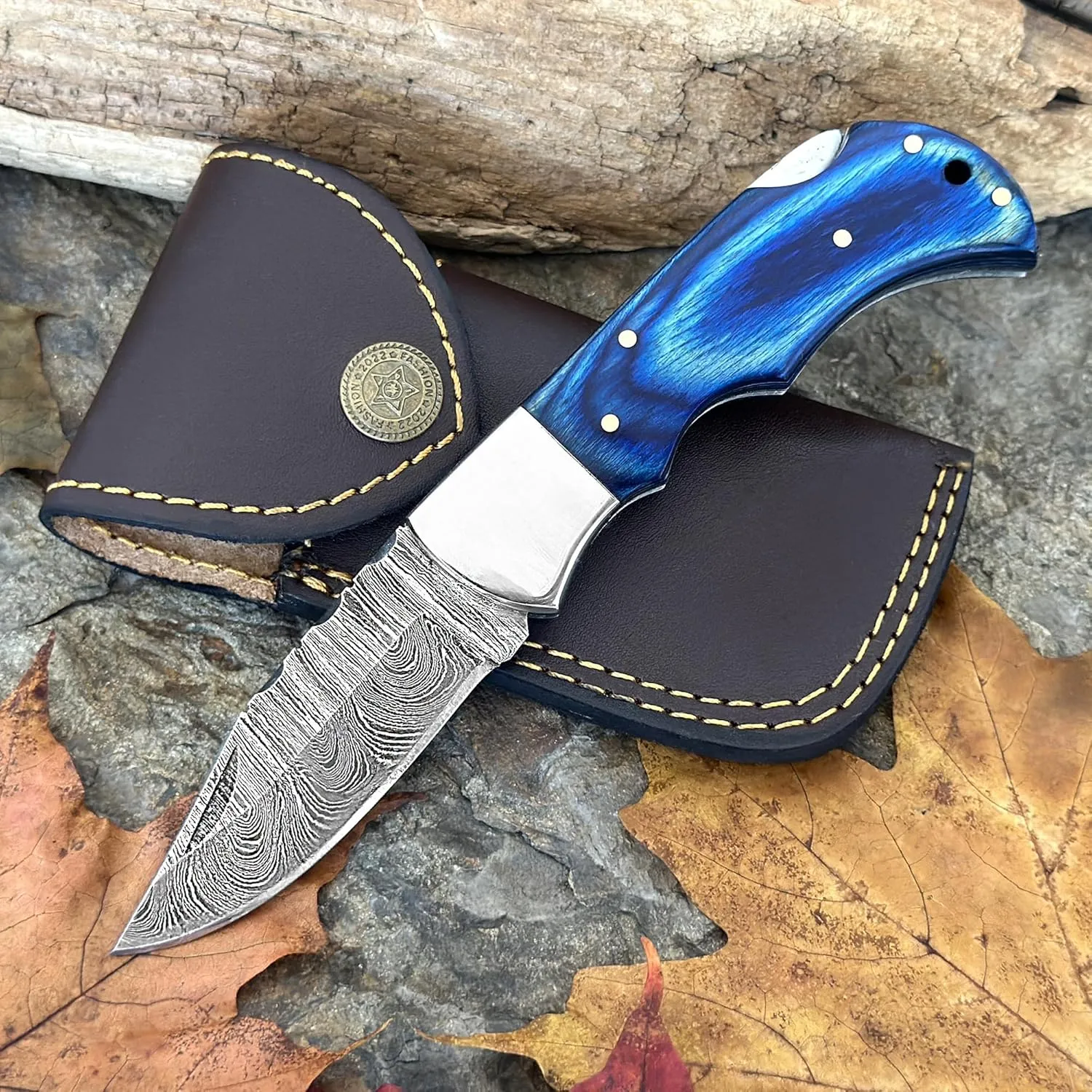 WINTERFELL Damascus Steel Pocket Folding Knife Handmade 6.5'' Compact Pocket Knife for Outdoor, Camping, Hiking Back Lock Blade Made of Authentic Damascus Steel (Blue)