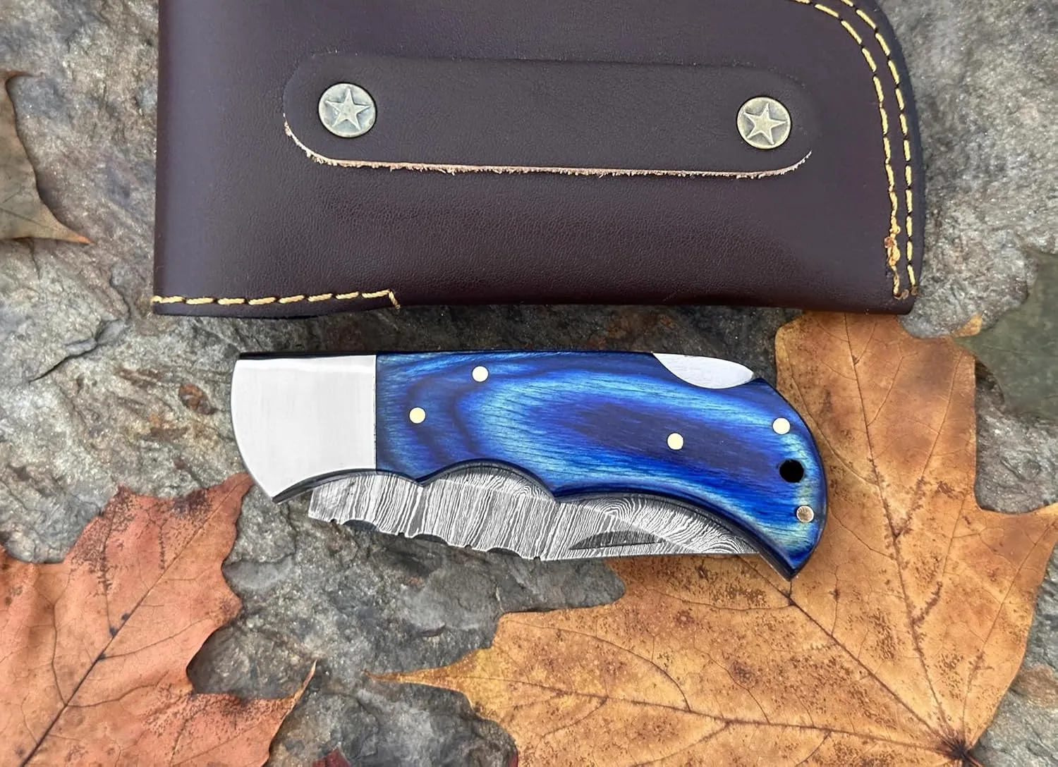 WINTERFELL Damascus Steel Pocket Folding Knife Handmade 6.5'' Compact Pocket Knife for Outdoor, Camping, Hiking Back Lock Blade Made of Authentic Damascus Steel (Blue)