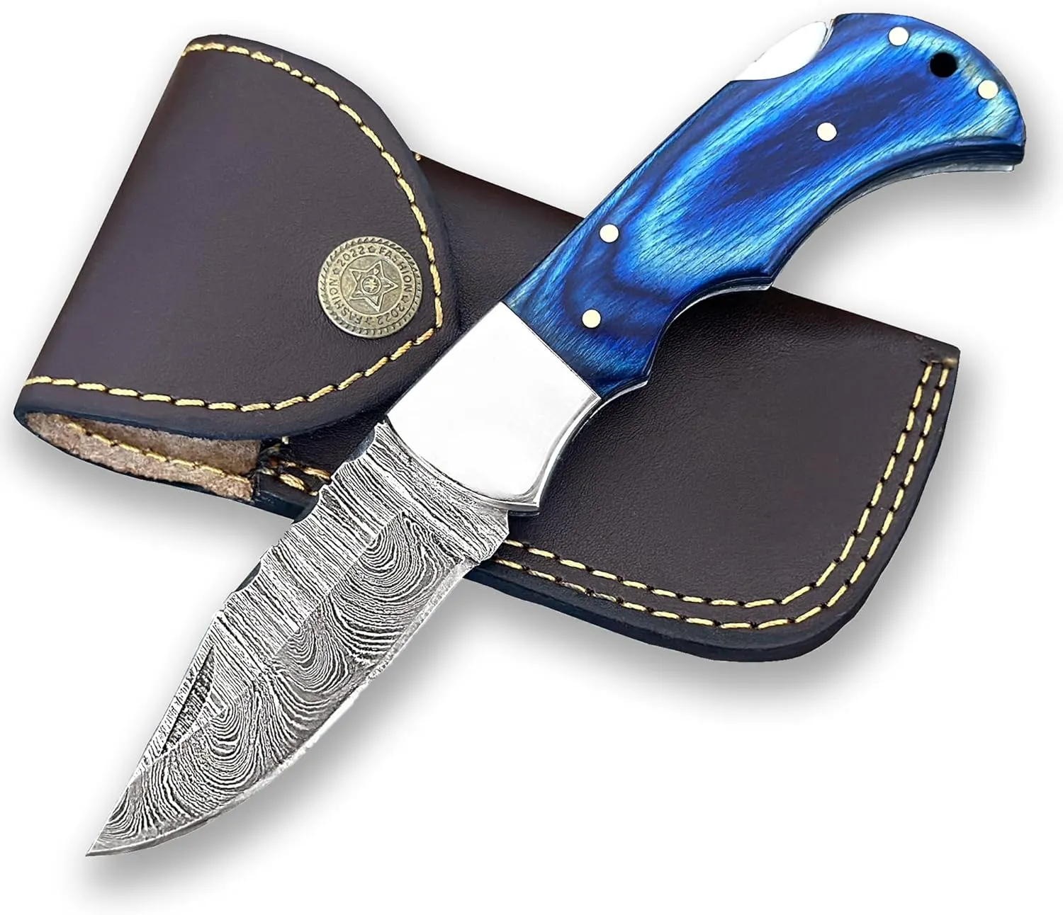 WINTERFELL Damascus Steel Pocket Folding Knife Handmade 6.5'' Compact Pocket Knife for Outdoor, Camping, Hiking Back Lock Blade Made of Authentic Damascus Steel (Blue)