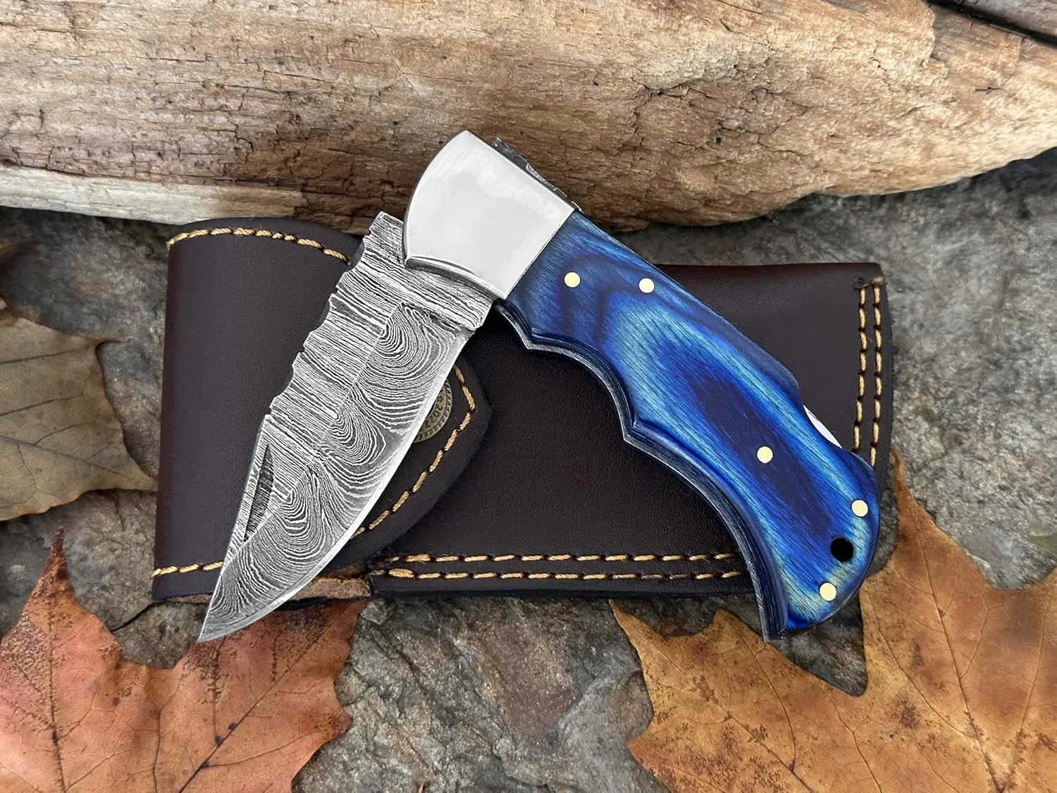 WINTERFELL Damascus Steel Pocket Folding Knife Handmade 6.5'' Compact Pocket Knife for Outdoor, Camping, Hiking Back Lock Blade Made of Authentic Damascus Steel (Blue)