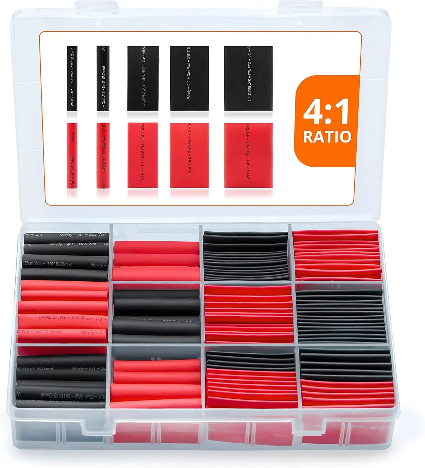 Wirefy Heat Shrink Tubing Kit 190 PCS - 4:1 Ratio Adhesive Lined - Adhesive Heat Shrink with Glue - Black & Red - Heat Shrink Tube Kit, Heat Shrink Assortment, Waterproof Heat Shrink Tubing