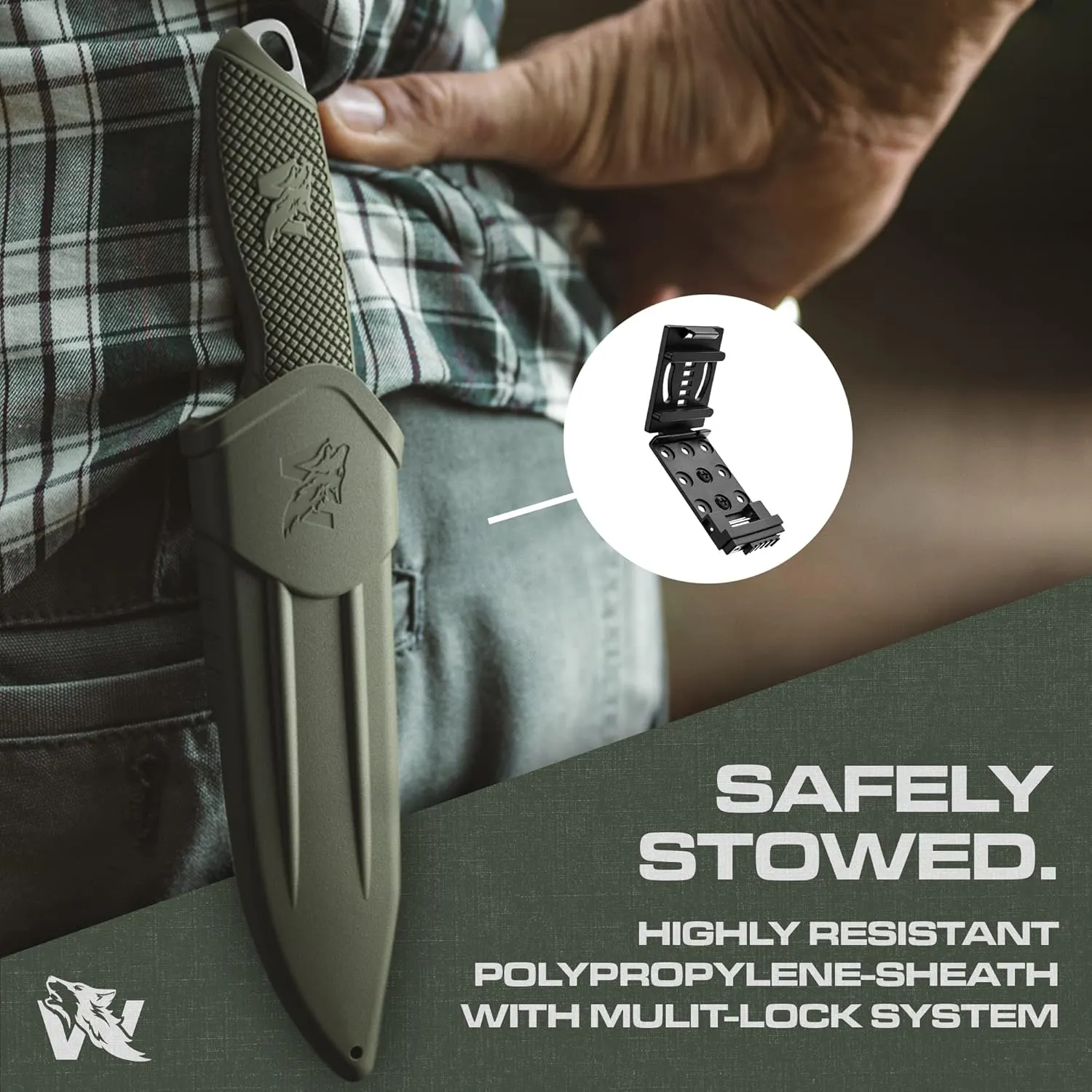 WOLF-II Full Tang Survival Knife with Sheath and Multi Lok - Strong Tactical Fixed Blade Knife - Made of D2 Steel - Bushcraft and Camping Knife - EDC Outdoor Knife with TPE Handle