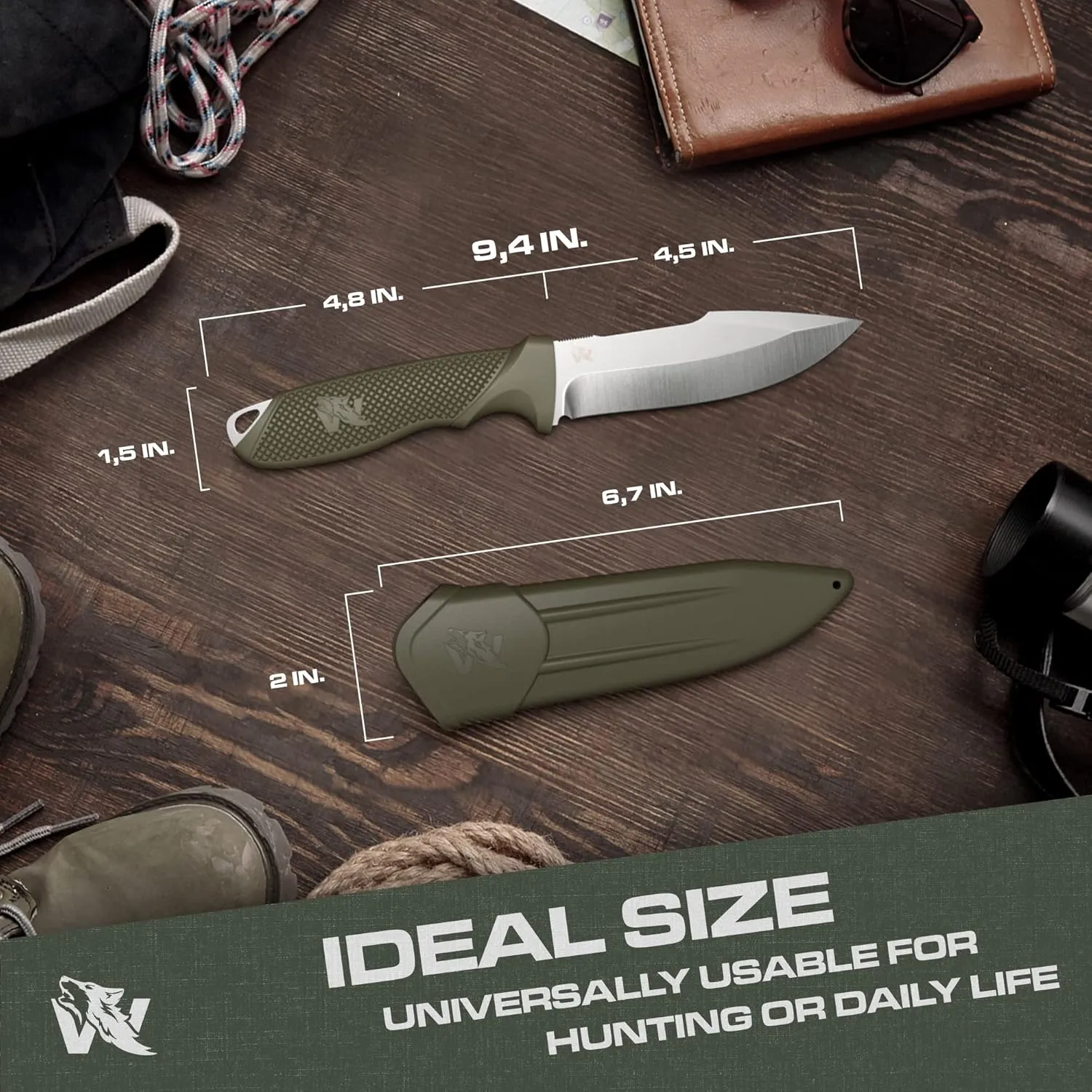 WOLF-II Full Tang Survival Knife with Sheath and Multi Lok - Strong Tactical Fixed Blade Knife - Made of D2 Steel - Bushcraft and Camping Knife - EDC Outdoor Knife with TPE Handle