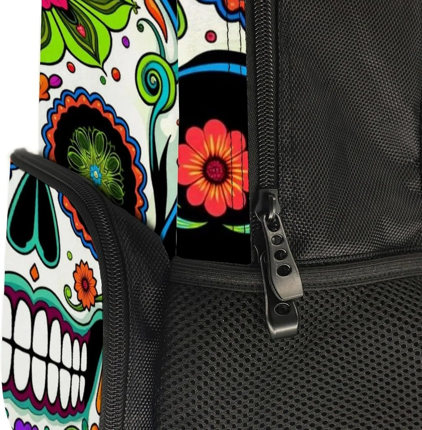 Women Men Polyester Day Of The Dead Vintage Mexican Flower Sugar Skulls Casual Daypack Large Capacity Bookbag With Side Pockets for Sports Picnic Walking Cycling