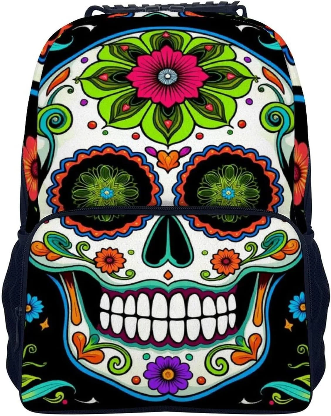 Women Men Polyester Day Of The Dead Vintage Mexican Flower Sugar Skulls Casual Daypack Large Capacity Bookbag With Side Pockets for Sports Picnic Walking Cycling