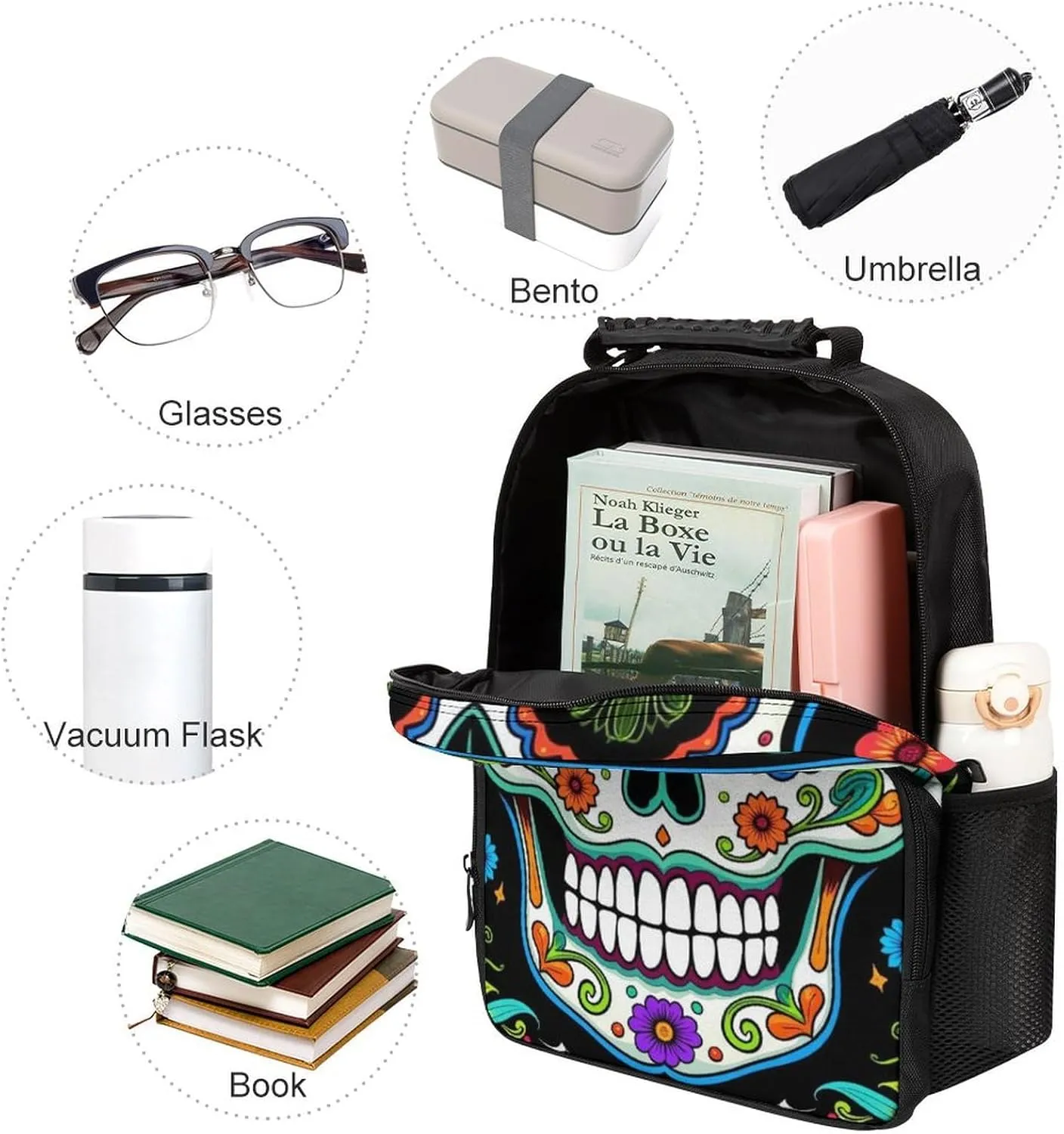 Women Men Polyester Day Of The Dead Vintage Mexican Flower Sugar Skulls Casual Daypack Large Capacity Bookbag With Side Pockets for Sports Picnic Walking Cycling