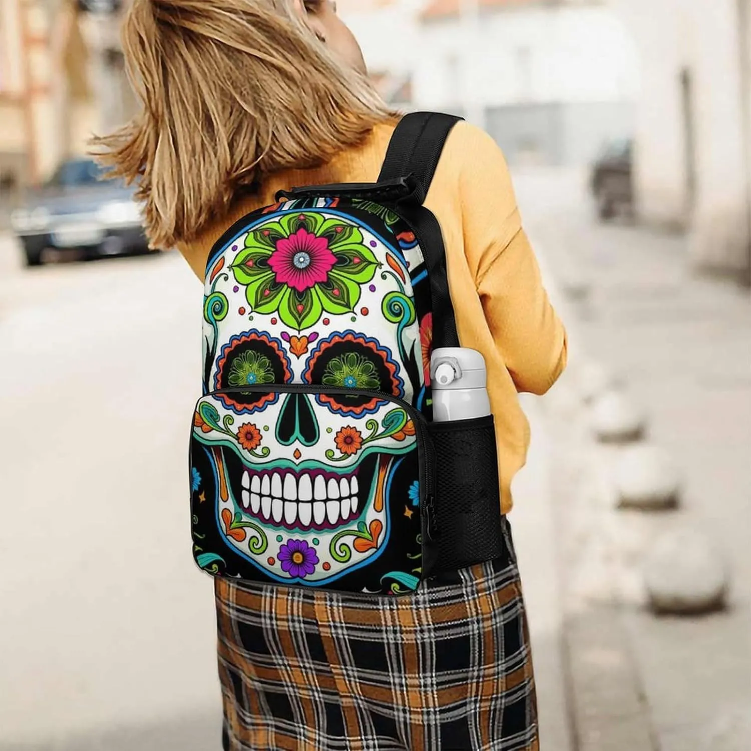 Women Men Polyester Day Of The Dead Vintage Mexican Flower Sugar Skulls Casual Daypack Large Capacity Bookbag With Side Pockets for Sports Picnic Walking Cycling