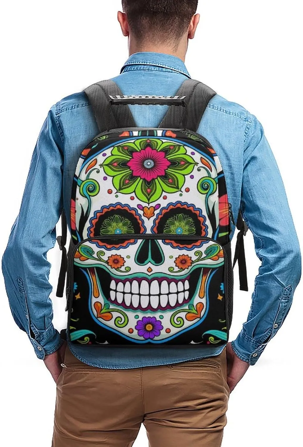 Women Men Polyester Day Of The Dead Vintage Mexican Flower Sugar Skulls Casual Daypack Large Capacity Bookbag With Side Pockets for Sports Picnic Walking Cycling