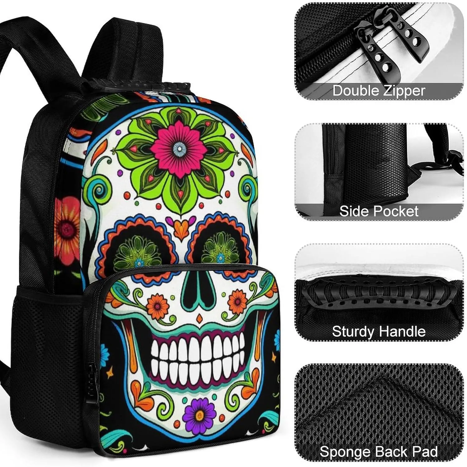 Women Men Polyester Day Of The Dead Vintage Mexican Flower Sugar Skulls Casual Daypack Large Capacity Bookbag With Side Pockets for Sports Picnic Walking Cycling
