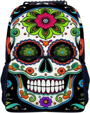 Women Men Polyester Day Of The Dead Vintage Mexican Flower Sugar Skulls Casual Daypack Large Capacity Bookbag With Side Pockets for Sports Picnic Walking Cycling