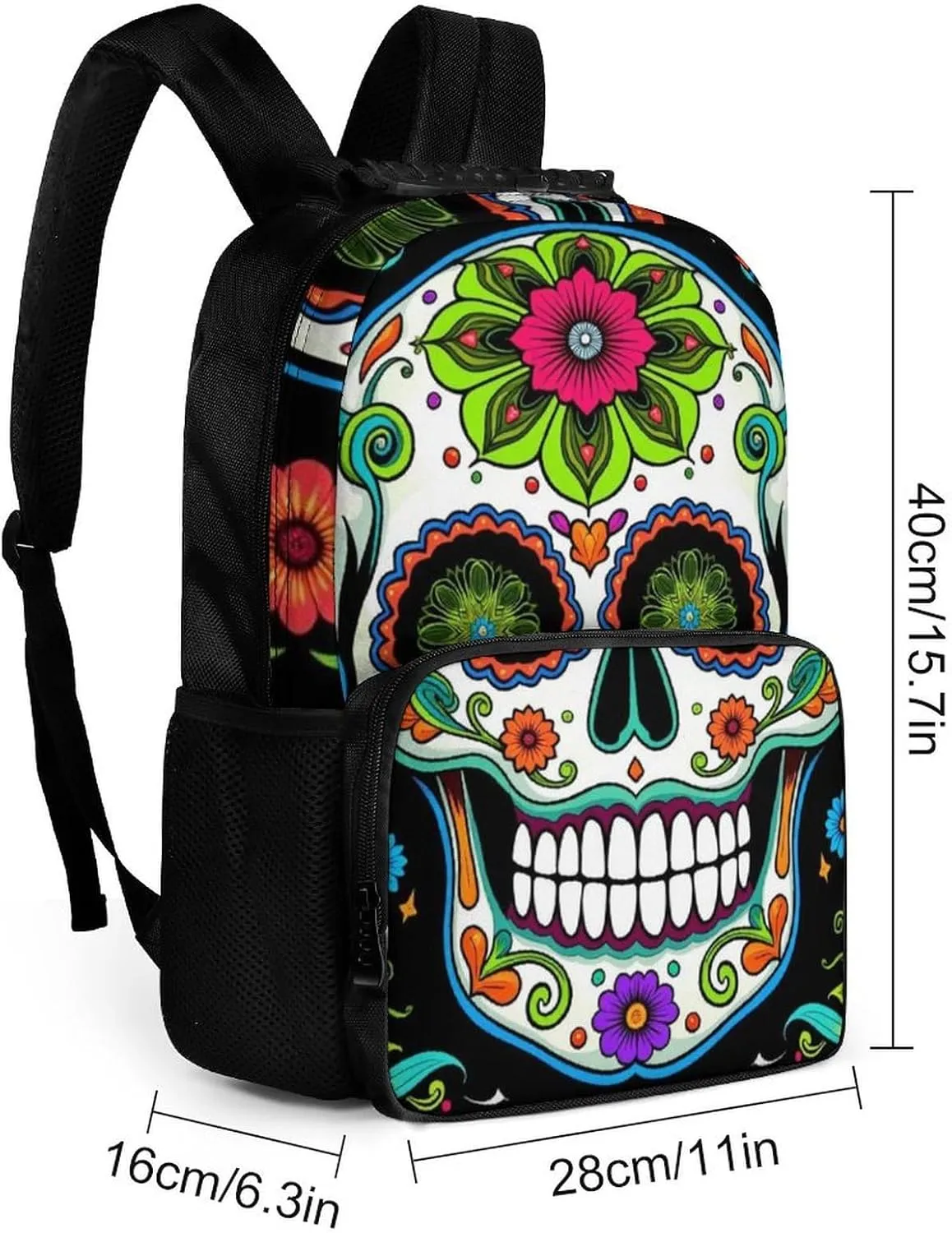 Women Men Polyester Day Of The Dead Vintage Mexican Flower Sugar Skulls Casual Daypack Large Capacity Bookbag With Side Pockets for Sports Picnic Walking Cycling