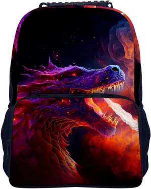 Women Men Polyester The Fire Breathing Fury Dragon Art Casual Daypack Large Capacity Bookbag With Side Pockets for Sports Picnic Walking Cycling