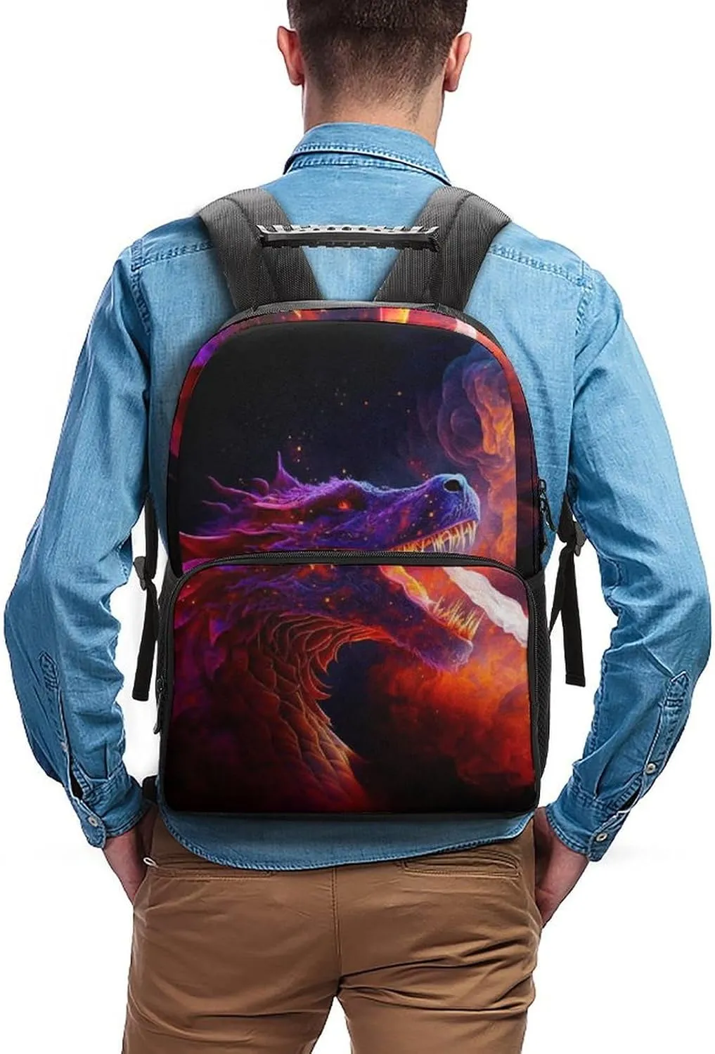 Women Men Polyester The Fire Breathing Fury Dragon Art Casual Daypack Large Capacity Bookbag With Side Pockets for Sports Picnic Walking Cycling