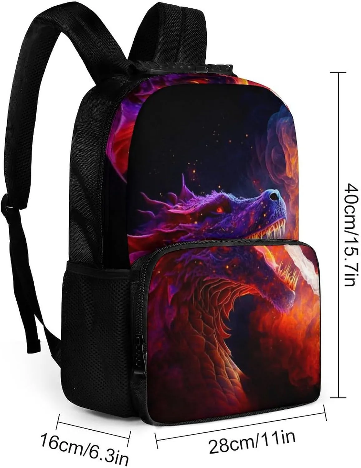 Women Men Polyester The Fire Breathing Fury Dragon Art Casual Daypack Large Capacity Bookbag With Side Pockets for Sports Picnic Walking Cycling