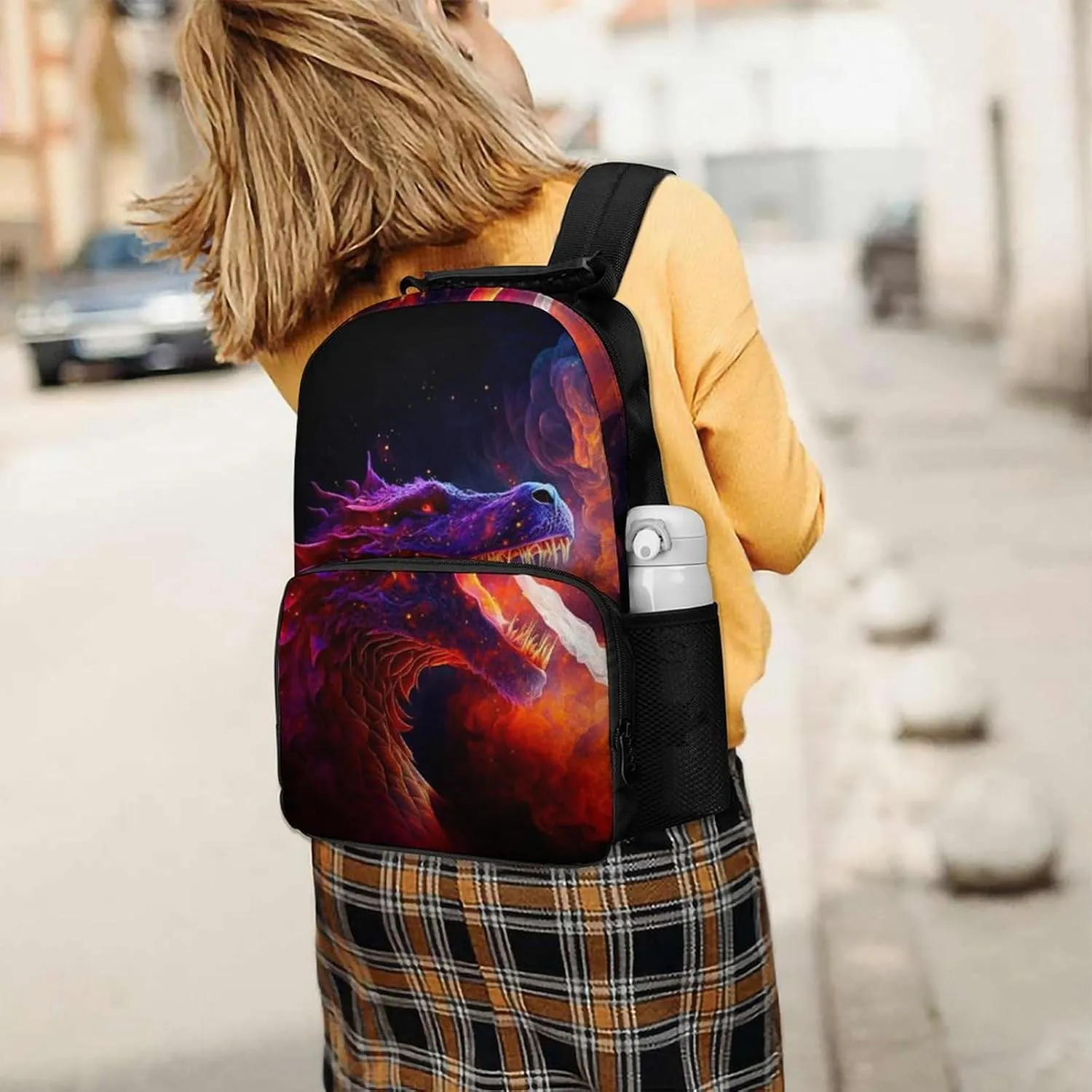 Women Men Polyester The Fire Breathing Fury Dragon Art Casual Daypack Large Capacity Bookbag With Side Pockets for Sports Picnic Walking Cycling