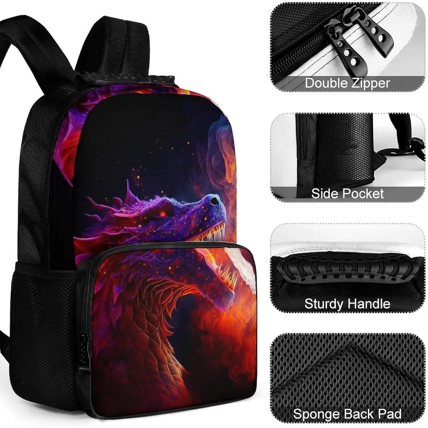Women Men Polyester The Fire Breathing Fury Dragon Art Casual Daypack Large Capacity Bookbag With Side Pockets for Sports Picnic Walking Cycling