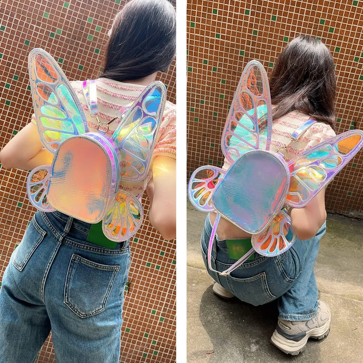 Women's Laser Holographic Backpack Butterfly Angel Wings Casual Daypack Shoulder Bag (Laser Light Blue)