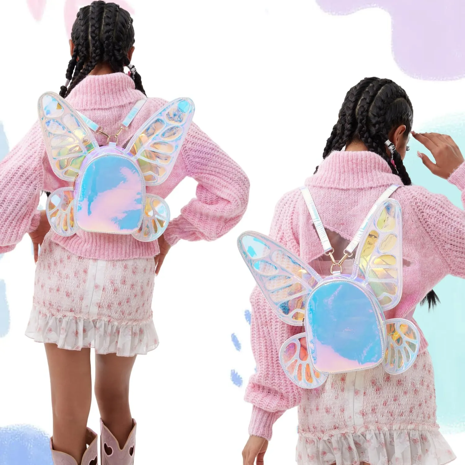 Women's Laser Holographic Backpack Butterfly Angel Wings Casual Daypack Shoulder Bag (Laser Light Blue)