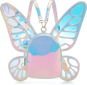 Women's Laser Holographic Backpack Butterfly Angel Wings Casual Daypack Shoulder Bag (Laser Light Blue)