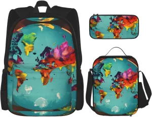 World Map Print Pencil Case Lightweight Casual Fashion Backpack Lunch Bag Large Capacity Travel Bag