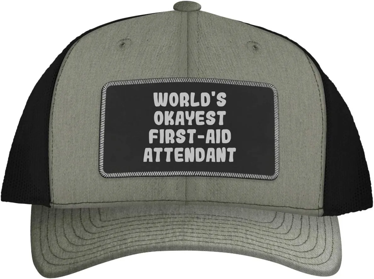 World's Okayest First-Aid Attendant - Leather Black Patch Engraved Trucker Hat
