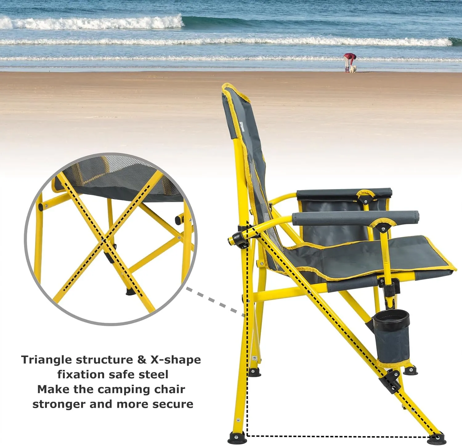 XGEAR 2-Pack Camping Chairs for Adults Support 350LBS Sturdy Mesh Back Camp Chair with Metal Armrests, Cup Holder, Storage Pockets(Yellow/Grey)