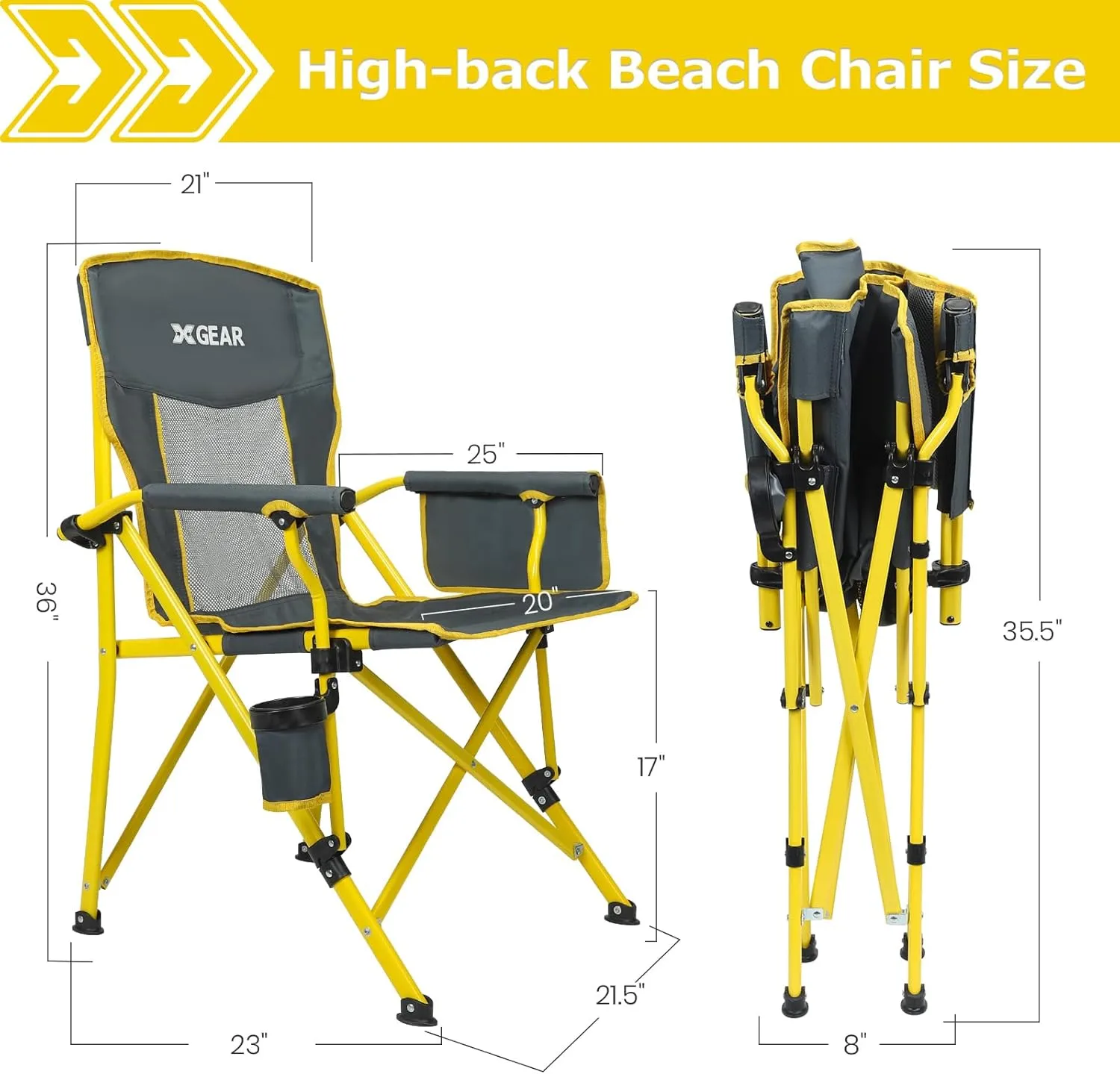 XGEAR 2-Pack Camping Chairs for Adults Support 350LBS Sturdy Mesh Back Camp Chair with Metal Armrests, Cup Holder, Storage Pockets(Yellow/Grey)