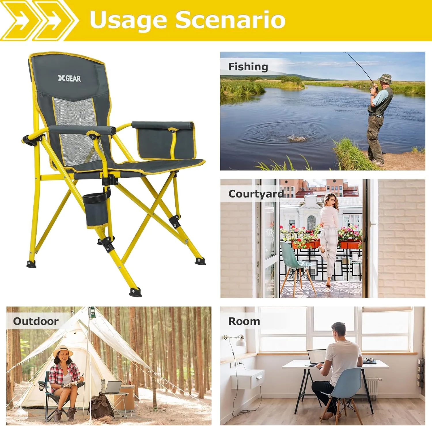 XGEAR 2-Pack Camping Chairs for Adults Support 350LBS Sturdy Mesh Back Camp Chair with Metal Armrests, Cup Holder, Storage Pockets(Yellow/Grey)