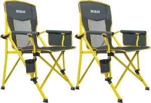XGEAR 2-Pack Camping Chairs for Adults Support 350LBS Sturdy Mesh Back Camp Chair with Metal Armrests, Cup Holder, Storage Pockets(Yellow/Grey)