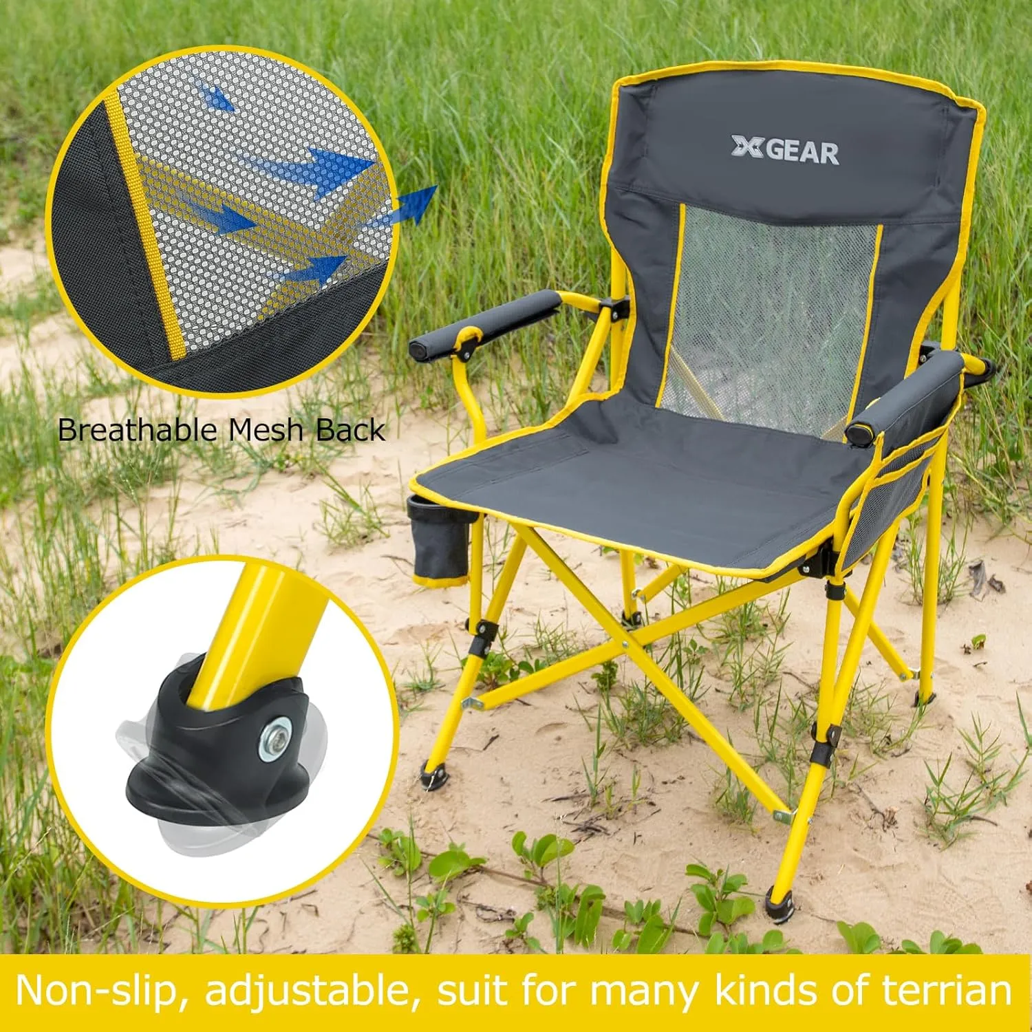 XGEAR 2-Pack Camping Chairs for Adults Support 350LBS Sturdy Mesh Back Camp Chair with Metal Armrests, Cup Holder, Storage Pockets(Yellow/Grey)