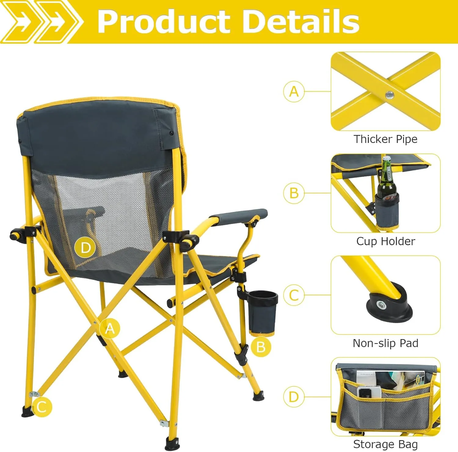 XGEAR 2-Pack Camping Chairs for Adults Support 350LBS Sturdy Mesh Back Camp Chair with Metal Armrests, Cup Holder, Storage Pockets(Yellow/Grey)